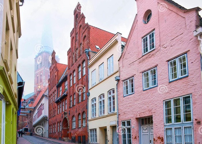 Jakobikirche church The Fogge Morning in Medieval Old Town of Lubeck, Germany ... photo